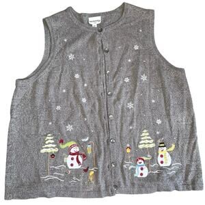 Breckenridge Women's 2X XXL Christmas Cardigan Sweater Vest Winter Snowman Gray